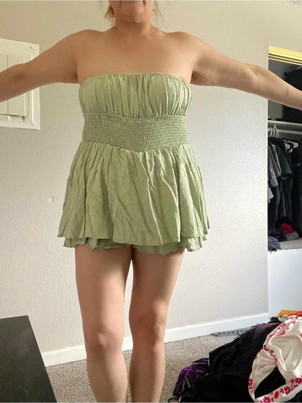 Strapless Smocked Waist Light Green Mini Dress